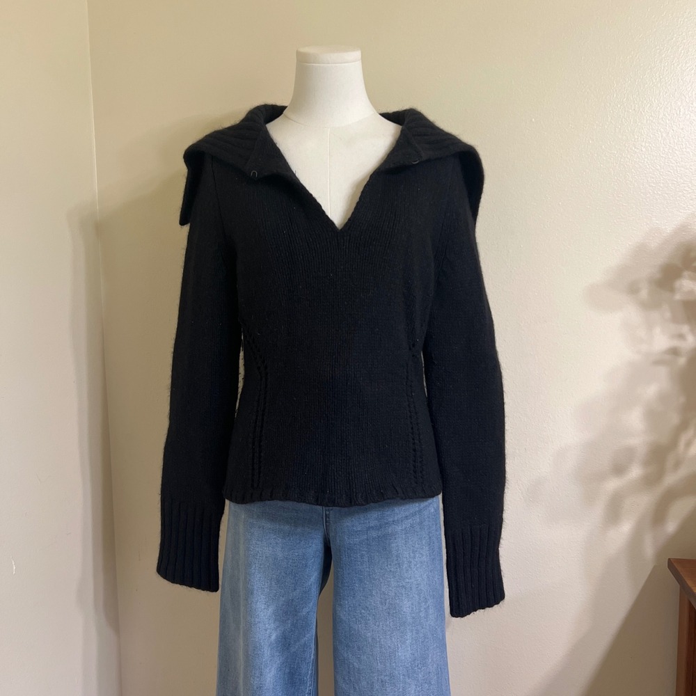 Express Black Merino Wool Angora Blend Sailor Collar V-Neck Sweater Large